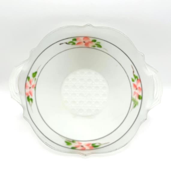 Vintage Lancaster Double Handled Frosted Bowl with Pink Hand Painted Flowers