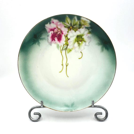 Elegant Kloster Vessra Dessert Plates - Set of 6 - Hand Painted with Pink & White Florals, Green Ombre Finish