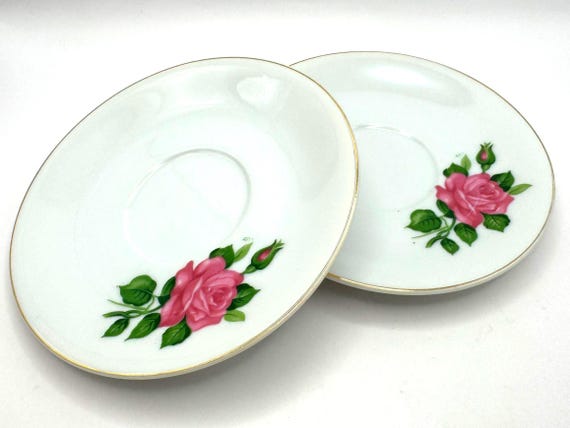 Elegant Vintage Pink Rose Saucers - Twin Set of 2