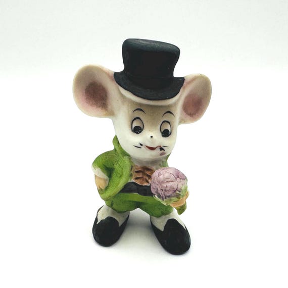 Charming Hand Painted Mouse Figurine in Top Hat - Vintage Porcelain from Taiwan