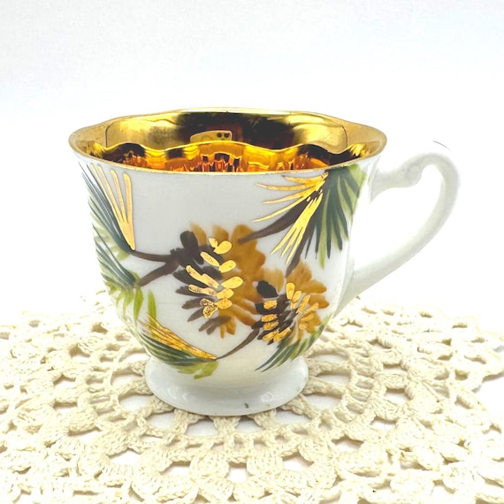 Vintage Windsor Bone China Pinecone Demi Teacup with Gold Interior - Holiday Teacup