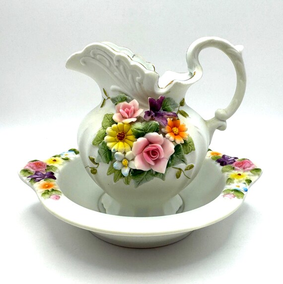 Lefton China Mini Pitcher & Bowl • Applied Flowers • Hand Painted Japan