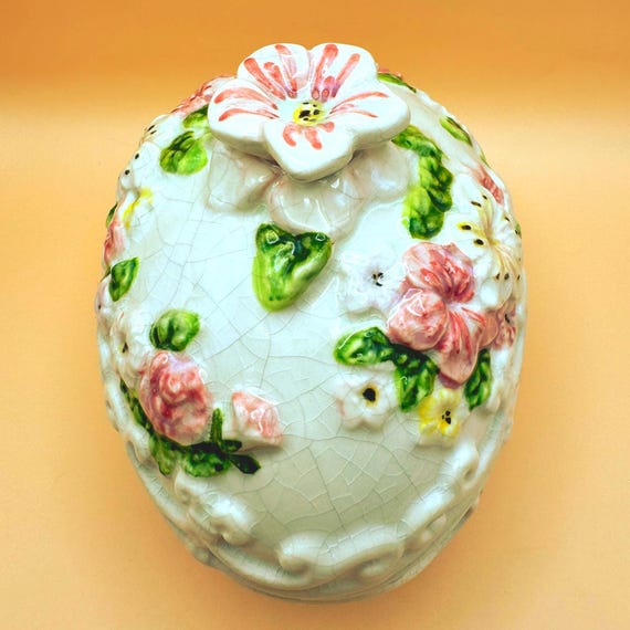 Cracker Barrel Floral Egg Trinket Box Porcelain Crackle Glaze