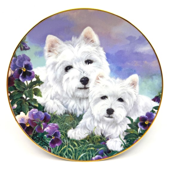 Vintage Danbury Mint Collector Plate - Mother's Love by Jamie Leighton - Westies & Purple Pansies