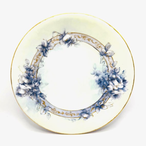 Vintage Ivory Plate with Artist-Signed Smoky Purple Roses and Gold Accents