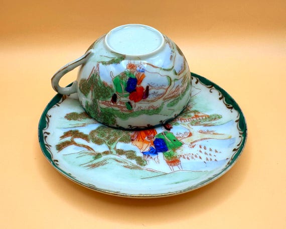 Vintage Japanese Teacup and Saucer Hand Painted Scenic Moriage Porcelain