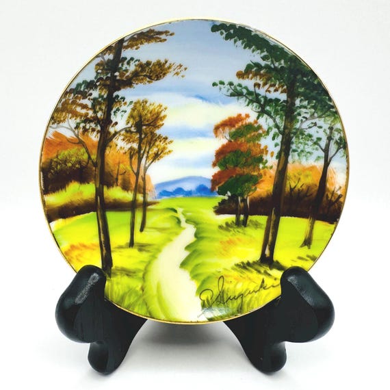 Hand Painted Mini Plate with Colorful Trees - Vintage Artist-Signed Decor