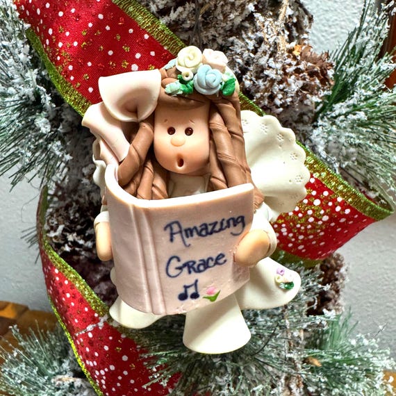 Handmade Polymer Clay Angel Figurine – “Amazing Grace” Songbook Ornament
