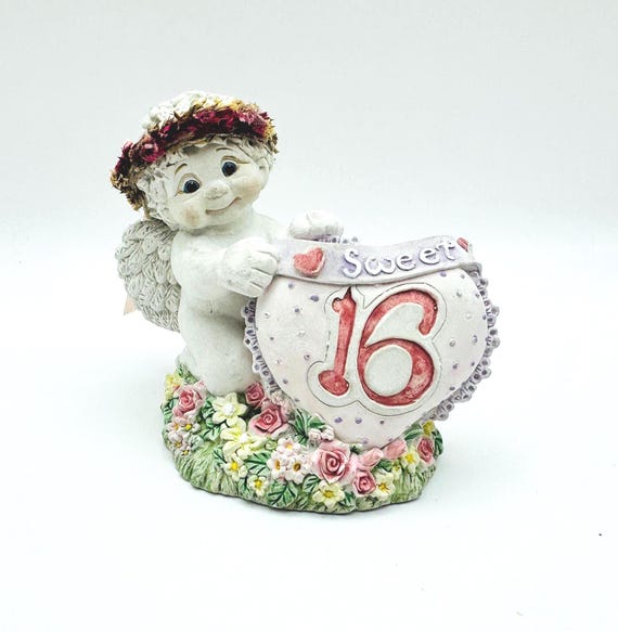 Vintage Sweet 16 Cherub Figurine - Kristin Haynes Art - Pink & Yellow Floral Design