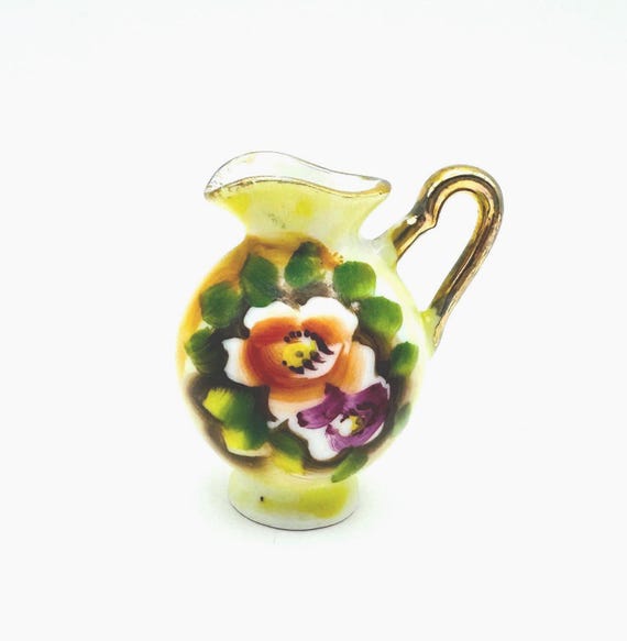 Charming Vintage Miniature Hand Painted Pitcher with Orange and Purple Florals - Yellow Hues and Gold Trim