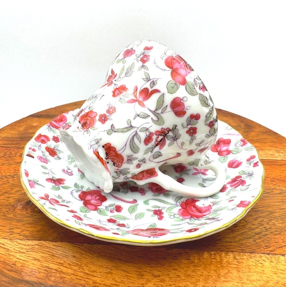 Vintage Nasco China Demi Teacup and Saucer - Red + Pink Floral Chintz