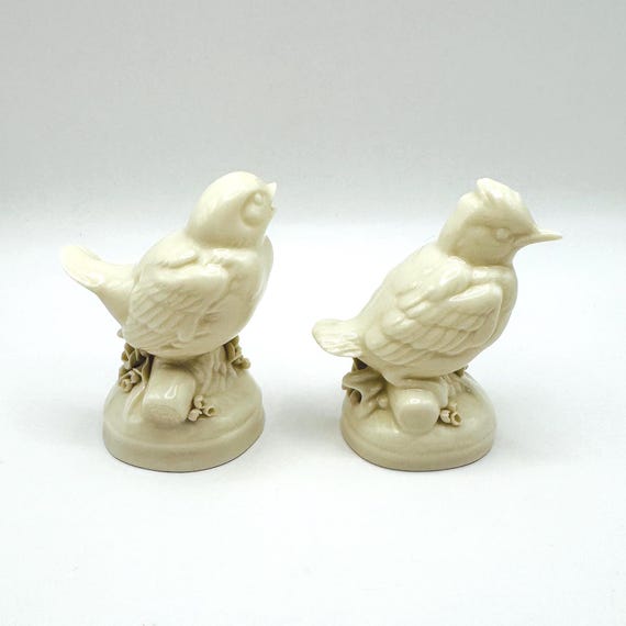 Detailed Ivory Bird Figurines with Lovely Applied Flowers - Vintage Home Decor