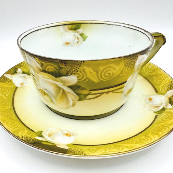 Vintage RS Reinhold Schlegelmilch Handpainted Teacup & Saucer - White Roses with Peach Hues -Blends of greens and golds - Beautiful!
