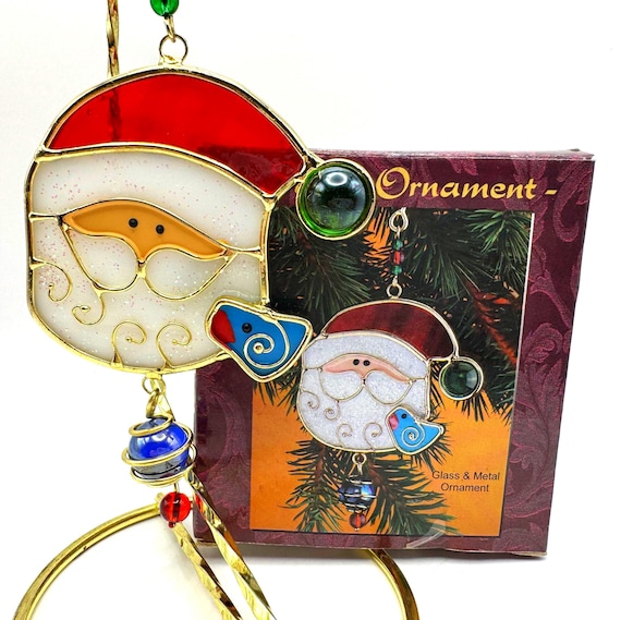 Giftco Stained Glass Santa Ornament with Bluebird