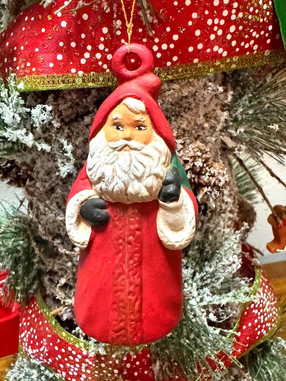 Vintage Santa Ornament • Hand-Painted Chalkware • Red Hooded Santa Christmas Decor