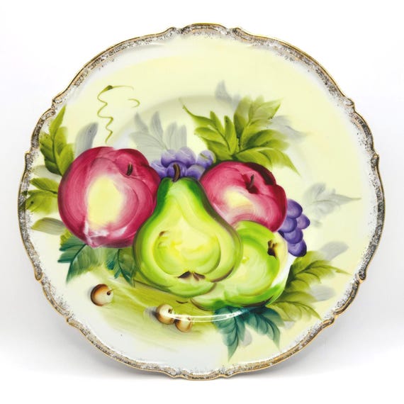 Retro Kitchen Decor: Hand Painted Fruit Plate - Pears, Apples, Grapes