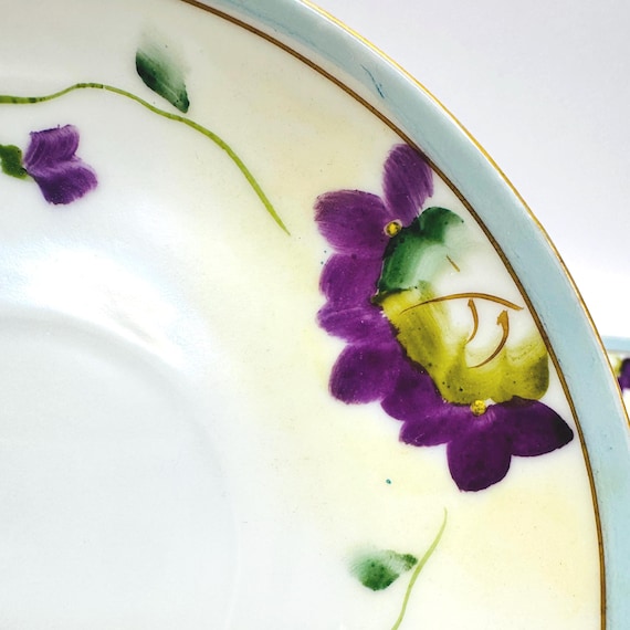 Set of 2 Hand-Painted Purple Floral Porcelain Saucers - Vintage Eggshell Dishware