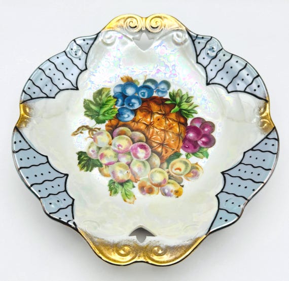 Vintage Trimont Multi-Colored Grape Clusters and Pineapple - Pearl Luster and Polka Dots - Gold Accented Scalloped Handles & Edges