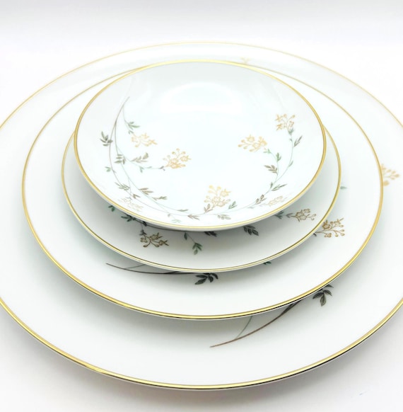 Vintage Noritake Dinnerware - Classic Andrea Pattern - Chic White with Sage Vine & Gold Florals