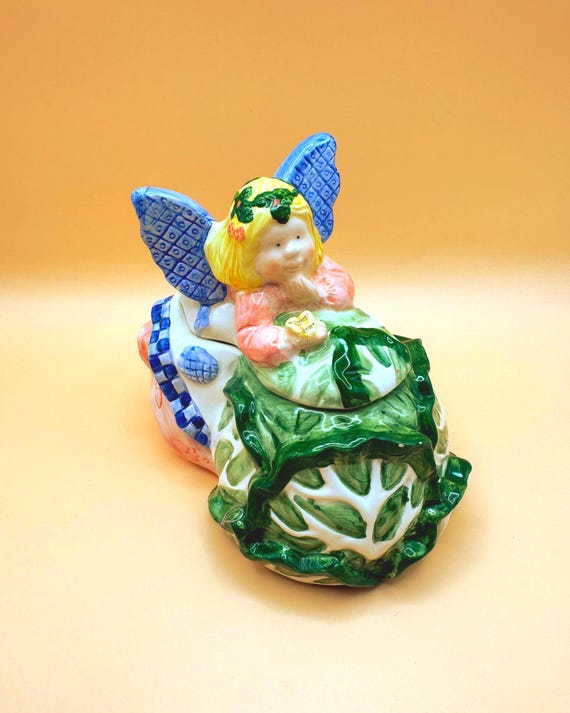Vintage Wang's Fairy Cabbage Trinket Box Lidded Jewelry Dish