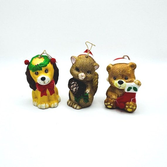 Retro J.S.N.Y Bell Christmas Ornaments Trio - Dog, Bear, Squirrel - Festive Hats - 1970s Sri Lanka