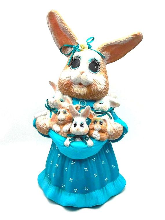 Vintage large Mama Bunny with six babies - Charming Details and Expressive Eyes