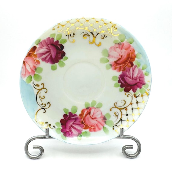 Vintage Hand Painted Saucer with Pink & Purple Flowers, Gold Detail