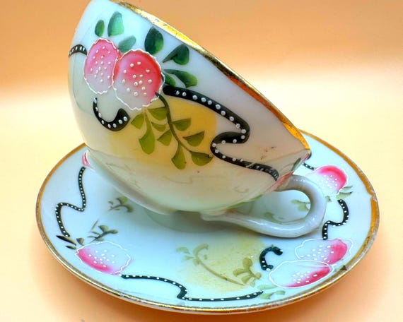 Vintage Bibi Japan Hand Painted Teacups & Saucers Set