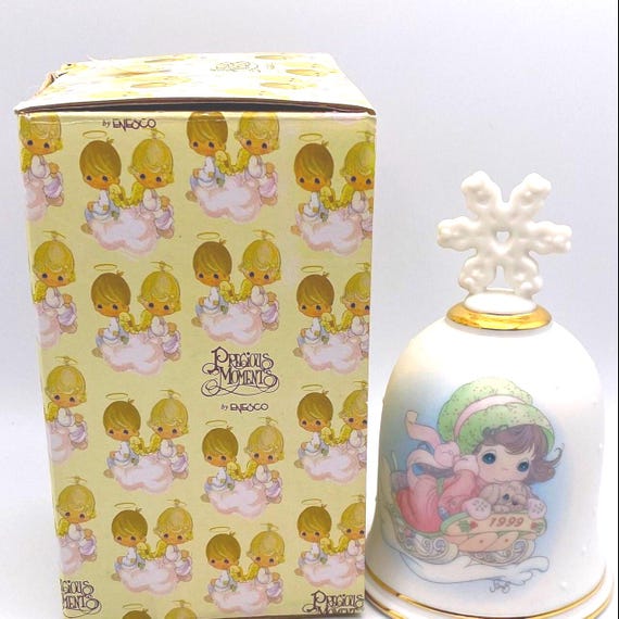 ENESCO Precious Moment Girl with Sled Bell - Christmas Bell 1999 - with Original Box - Girl with Dog on Sled - Collectible Gift - Retired
