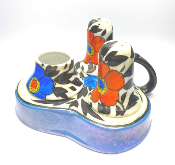 Vintage Art Deco Lusterware Condiment Set: Cobalt Blue, Red & Black