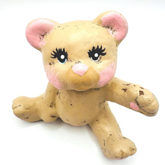 Sweet Retro Teddy Bear Figurine - Full Eyelashes & Pink Cheeks