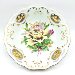 Charming Hand Painted Bowl with Large Yellow Rose - Vintage Lattice Edging and Gold Detail