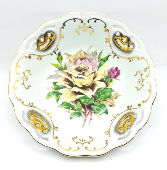 Charming Hand Painted Bowl with Large Yellow Rose - Vintage Lattice Edging and Gold Detail