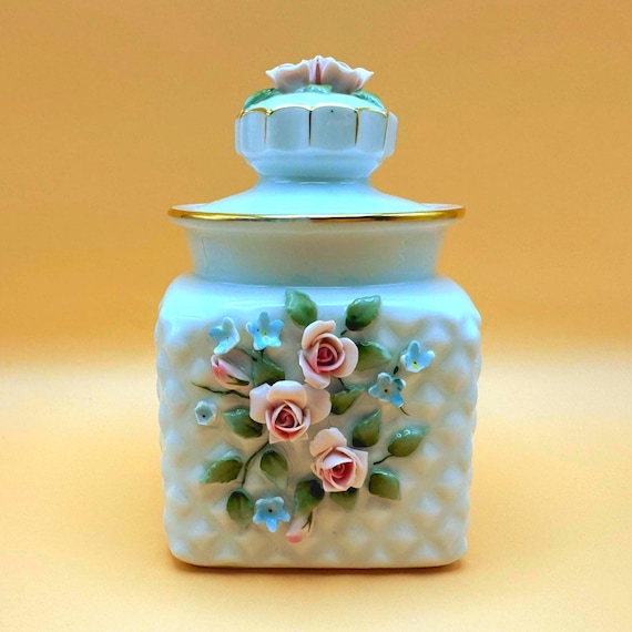 Vintage Lefton China White Floral Trinket Jar with Lid