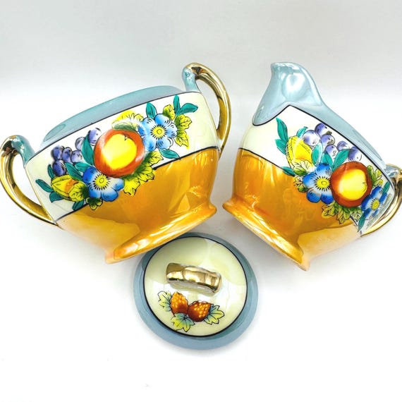 Vintage Peach and Blue Luster Creamer and Sugar Bowl Set with Hand-Painted Fruit and Florals