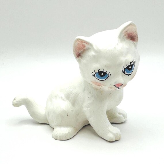 Charming Hand Painted Ceramic Cat Figurine with Blue Eyes - Vintage Home Decor