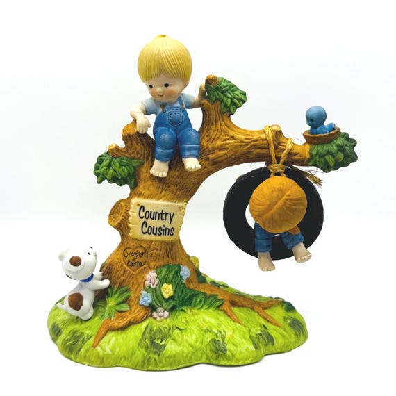 Retro Country Cousins Figurine Swinging on Tire Swing - Farmhouse Decoration