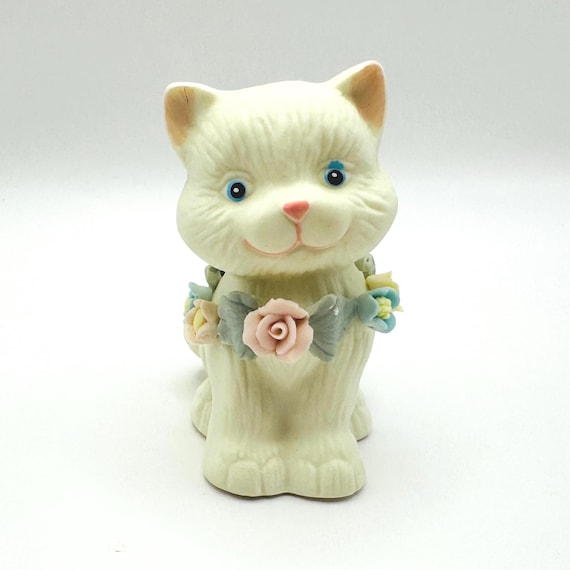 Vintage Porcelain Ivory Cat Figurine with Blue Eyes - Pastel Flower Necklace