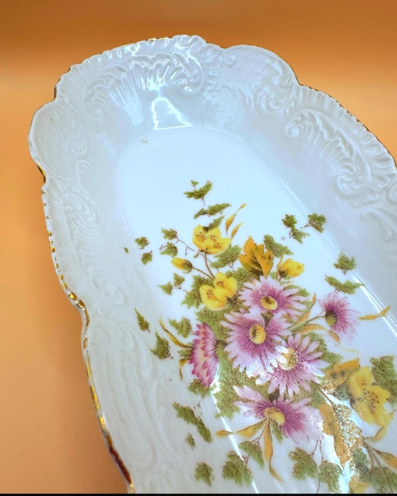 Antique Victorian Porcelain Celery Tray Floral Gold Gilt Embossed Serving Dish