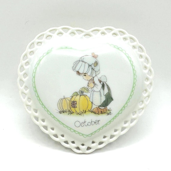 Heart Shaped Porcelain Trinket Box - Vintage 1988 Precious Moments - Girl with Pumpkins