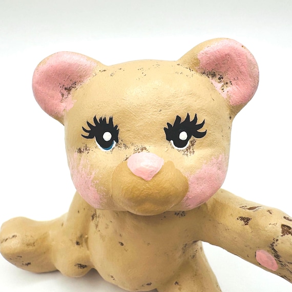 Sweet Retro Teddy Bear Figurine - Full Eyelashes & Pink Cheeks