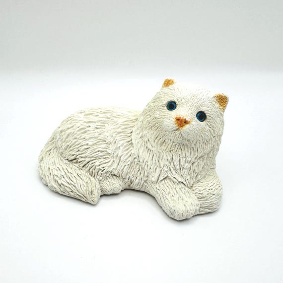 Vintage White Stone Cat Figurine with Blue Eyes - Cute Cat Lover Gift