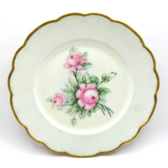 Artist Signed Hand Painted MZ Austria Plate - Vintage Pink Floral Design