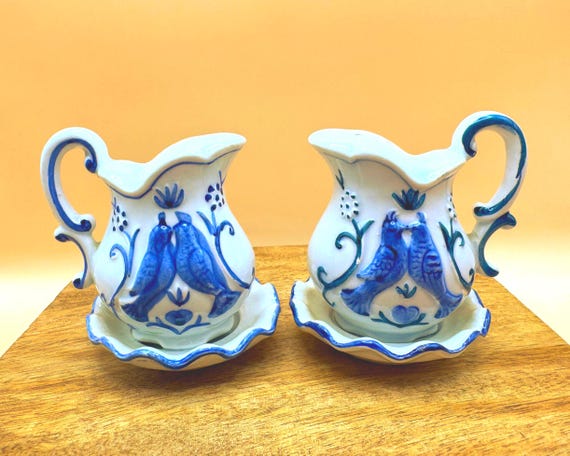 Vintage Enesco Blue Lovebird Pitcher Salt Pepper Shakers Japan Pair