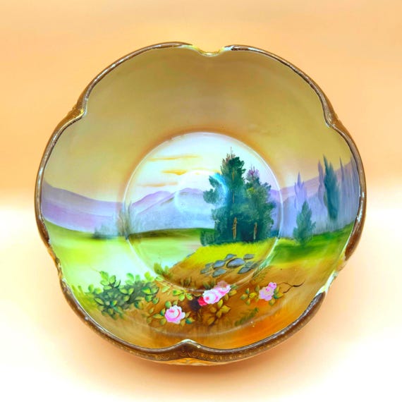 Noritake Hand Painted Scenic Bowl Gold Gilt Japan Landscape Bowl