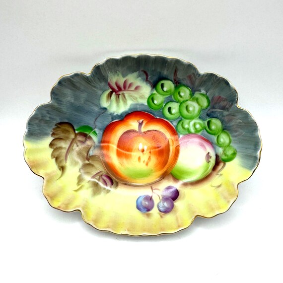 Vintage Lefton Hand Painted Fruit Dish Scalloped Gold Trim