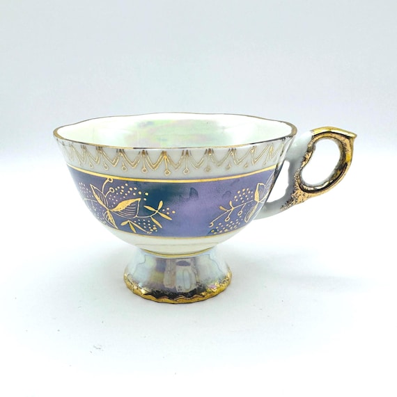 Vintage Iridescent Pedestal Teacup - Mother of Pearl Finish, Blue Band, Gold Accents