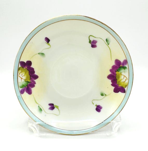 Set of 2 Hand-Painted Purple Floral Porcelain Saucers - Vintage Eggshell Dishware