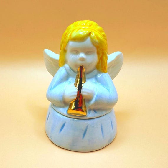 Vintage JCM Jacmel Angel Trinket Box With Gold Trumpet
