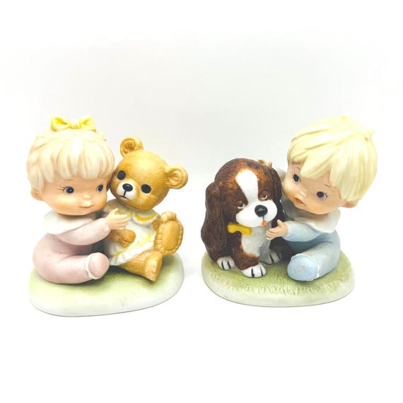 Vintage Homco Figurines - Sweet Baby Boy with Puppy & Girl with Teddy Bear